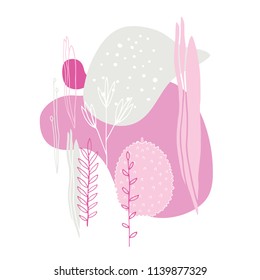 Simple silhouettes and lines of Flowers Leaves polka dots Beautiful abstract background hand drawn design elements Pink grey white soft pastel colors