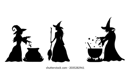 Simple silhouettes of witches who brew a potion in boiler.