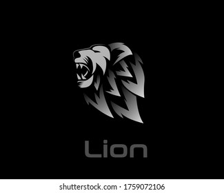 simple silver Abstract roaring lion logo symbol design illustration in black background