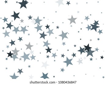 Simple silver glitter falling stars vector template for birthday party, wedding invitation card, flyer, voucher, holiday banner.  Silver sparkle stars grey confetti glitter on white.