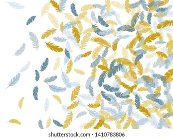 Simple silver gold feathers vector background. Falling feather elements soft vector design. Plumage glamour fashion shower decor. Decorative confetti of festive plumelet.