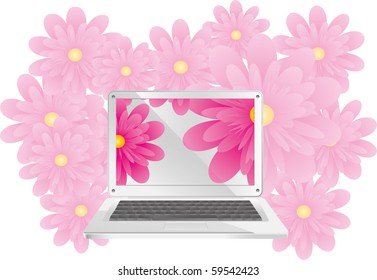 Simple silver laptop with bright flowers, vector illustration