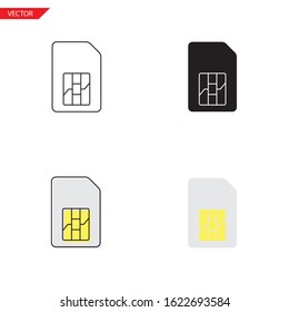 Simple sim card icon on white background 4 types such as outline, black, color, outline and color. Vector illustration.