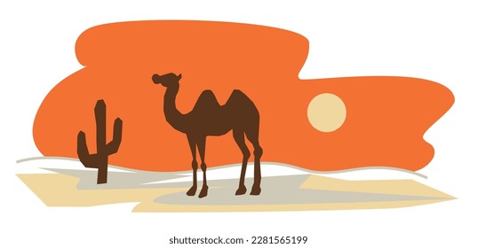 Simple single color silhouette illustration of camel and cactus, background desert