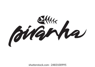 A simple single colour logo featuring an illustration of a piranha fish along with the word 'piranha' as hand drawn black script