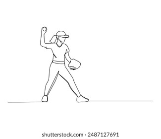 A simple single continuous line drawing of a person in a baseball uniform and glove. Standing figure and ready to throw the ball. Sport training and tournament concept 