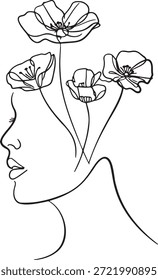 Simple single line art drawing of female profile and poppies growing from head symbolizing beauty nature connection imagination and floral mental health concept continuous minimal outline vector