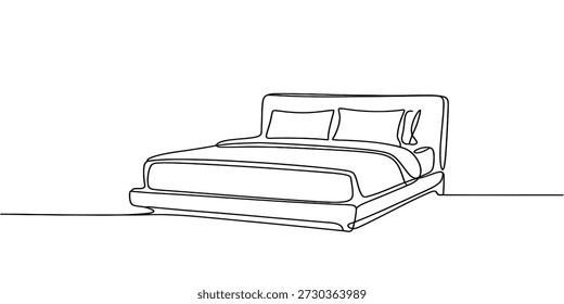 Representação de arte de linha simples de uma cama de casal com travesseiros e roupa de cama