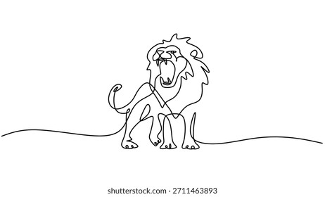 Simple single line art of a roaring lion. Hand drawn outline of the wild animal represents the concept of power, wildness, and the king of the safari.