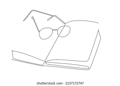 Sencillo dibujo de una sola línea de lentes de libro y ojos sobre la mesa. Diseño de líneas artísticas para el concepto educativo