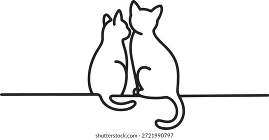 Dibujo simple de una sola línea que representa a dos gatos sentados uno al lado del otro tocando narices o mirando en una dirección similar. Representación de mascotas de compañía y cariño.