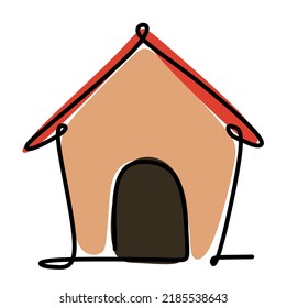 Simple single line drawing of a kennel or a doghouse. Animal flat color design concept for friendly pet icon. Modern continuous one line draw design vector graphic illustration