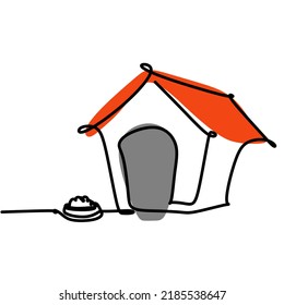 Simple single line drawing of a kennel or a doghouse and pet food. Animal flat color design concept for friendly pet icon. Modern continuous one line draw design vector graphic illustration