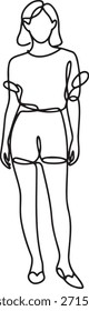 Desenho simples de linha única de figura feminina jovem de pé. Moda minimalista moderna e conceito de corpo positivo. Abstrato contínuo traço arte de mulher elegante ilustração vetor isolado.