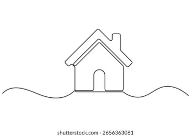 Simple single line house outline drawing in minimalist concept on white background
