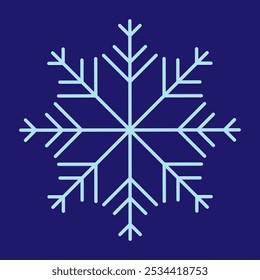 Simple single Snowflake icon sign symbol vector illustration isolated on a blue background. Christmas icon. Abstract snow logo frost cold weather. Winter precipitation. Flat blue snowflake symbol. EPS