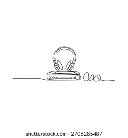 A simple, single-line drawing depicts a pair of headphones placed atop a portable music player with its cord trailing off to the side.