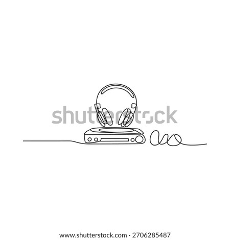 A simple, single-line drawing depicts a pair of headphones placed atop a portable music player with its cord trailing off to the side.