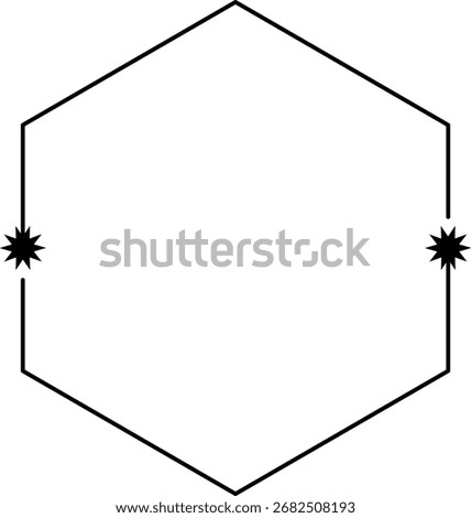 Simple single-line hexagon frame with three star decorations, modern geometry.