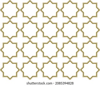 Simple Six Point Star Islamic Style Repeat Pattern In Double Gold Color Outline On A White Background, Geometric Vector Illustration