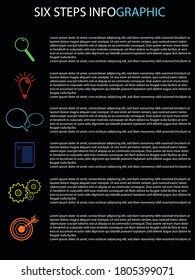 Simple six step infographic diagram. Workflow template. Information vector concept. Work process symbols. Infographic template with pictograms.