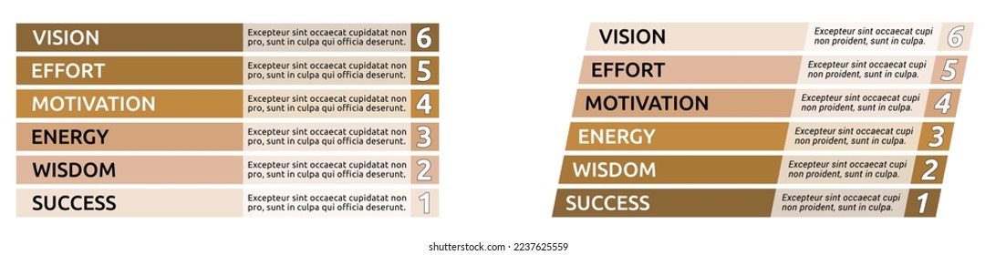 Simple six steps or levels infographics, 6 beige brown bar with text, rectangular and slanted version
