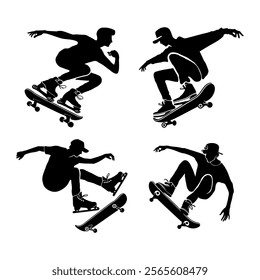 Simple skateboarding silhouette design for sports graphics and extreme sports projects.