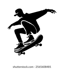 Simple skateboarding silhouette design for sports graphics and extreme sports projects.