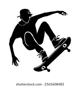 Simple skateboarding silhouette design for sports graphics and extreme sports projects.