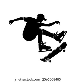 Simple skateboarding silhouette design for sports graphics and extreme sports projects.