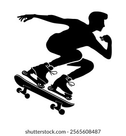 Simple skateboarding silhouette design for sports graphics and extreme sports projects.