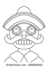 Simple skeleton with mustaches, hat, and shirt coloring page for kids and adults vector illustration