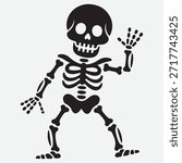 simple skeleton outline, waving hand pose, black and white drawing, minimal halloween icon, spooky sticker, clean vector