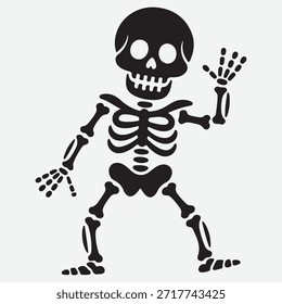contorno de esqueleto simples, posição de mão ondulando, desenho preto e branco, ícone de halloween mínimo, adesivo assustador, vetor limpo