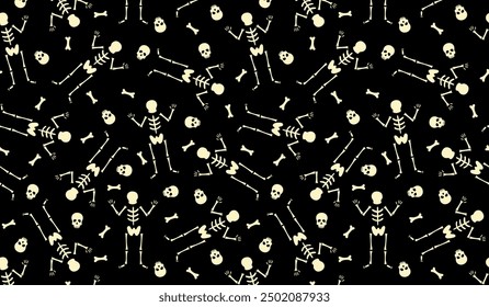 Fondo Horizontal de patrón de esqueleto simple. Vector Ilustración de Halloween con esqueletos danzantes, cráneo y huesos. Impresión divertida para la decoración del Día de Muertos, Fondo de pantalla, envoltura, telón de fondo, Anuncio.