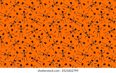 Simple skeleton pattern horizontal orange background. Vector Halloween illustration with dancing skeletons, skull and bones. Funny print for Day of Dead decor, wallpaper, wrapping, backdrop, banner.