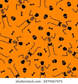 Simple skeleton seamless pattern. Vector Halloween repeat orange background with dancing skeletons, skull and bones. Funny print for fabric texture, Day of Dead decor, wallpaper, wrapping, backdrop.