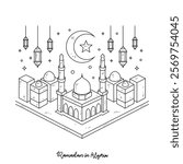 Simple sketch 3D drawing of Ramadan Kareem illustration in Algeria. Ramadan Kareem themes in simple sketch concept design vector. Design with Mosque, building, lantern, moon, star and others ornament.