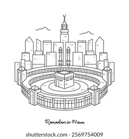 Simple sketch 3D drawing of Ramadan Kareem illustration in Mecca. Ramadan Kareem themes in simple sketch concept design vector. Design with Mosque, building, lantern, moon, star and others ornament.