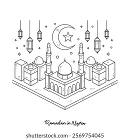 Simple sketch 3D drawing of Ramadan Kareem illustration in Algeria. Ramadan Kareem themes in simple sketch concept design vector. Design with Mosque, building, lantern, moon, star and others ornament.