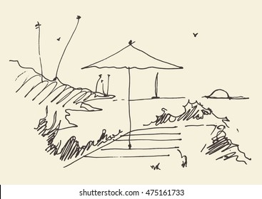 Simple sketch of an abstract seaside view and beach, vector illustration