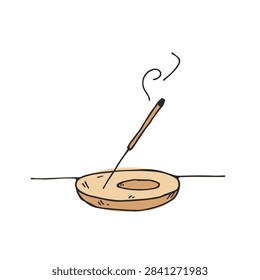 A simple sketch of an aromatic incense stick placed in a small round holder with a wisp of smoke rising from the top
