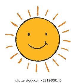 A simple sketch of a bright yellow sun featuring a cute smiling face and radiating sunbeams