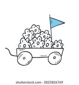 A simple sketch of a childs pull wagon overflowing with daisy like flowers and a small blue triangular flag attached to the side isolated on a white background