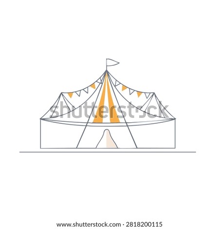 A simple sketch of a circus big top tent decorated with small triangular flags on a plain white background