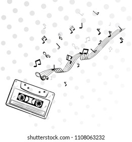 simple sketch of classic audio cassette and partiture, halftone at transparent effect background
