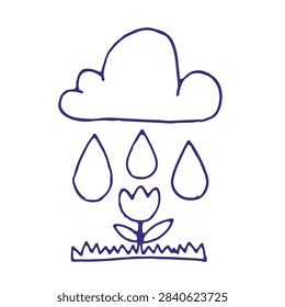 A simple sketch of a cloud raining on a small flower growing in the grass.