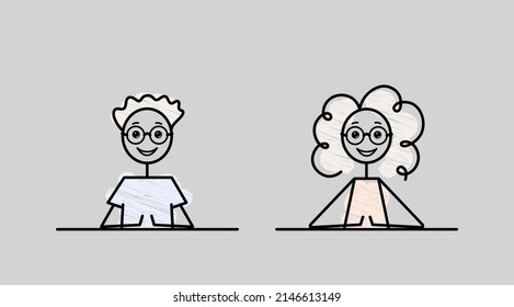 boceto simple pareja de personajes estudiantes en la ilustración del vector del doodle de escritorio niño y niña