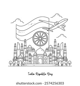 Simple sketch design drawing of India Independence Day with white background. landscape with flag symbol design in simple sketch style. India Independence day design concept vector illustration.
