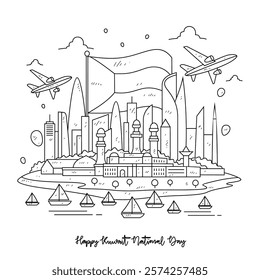 Simple sketch design drawing of Kuwait National Day with white background. landscape with flag symbol design in simple sketch style. Kuwait National Day design concept vector illustration for banner.